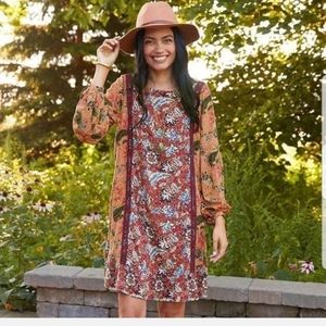 Boho Floral Long-Sleeve Shift Dress in Rust Pink